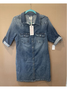 Wash Lab Women's Blue Jean Cotton Stretch Denim Midi Shirtdress Size Large